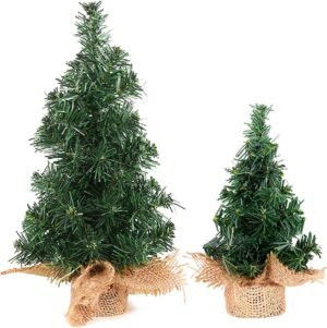 2 Pieces Artificial Christmas Tree Small 20cm and 30cm - Linen Base for Bedroom - Window - Fireplace - Desktop Christmas Tree Decoration