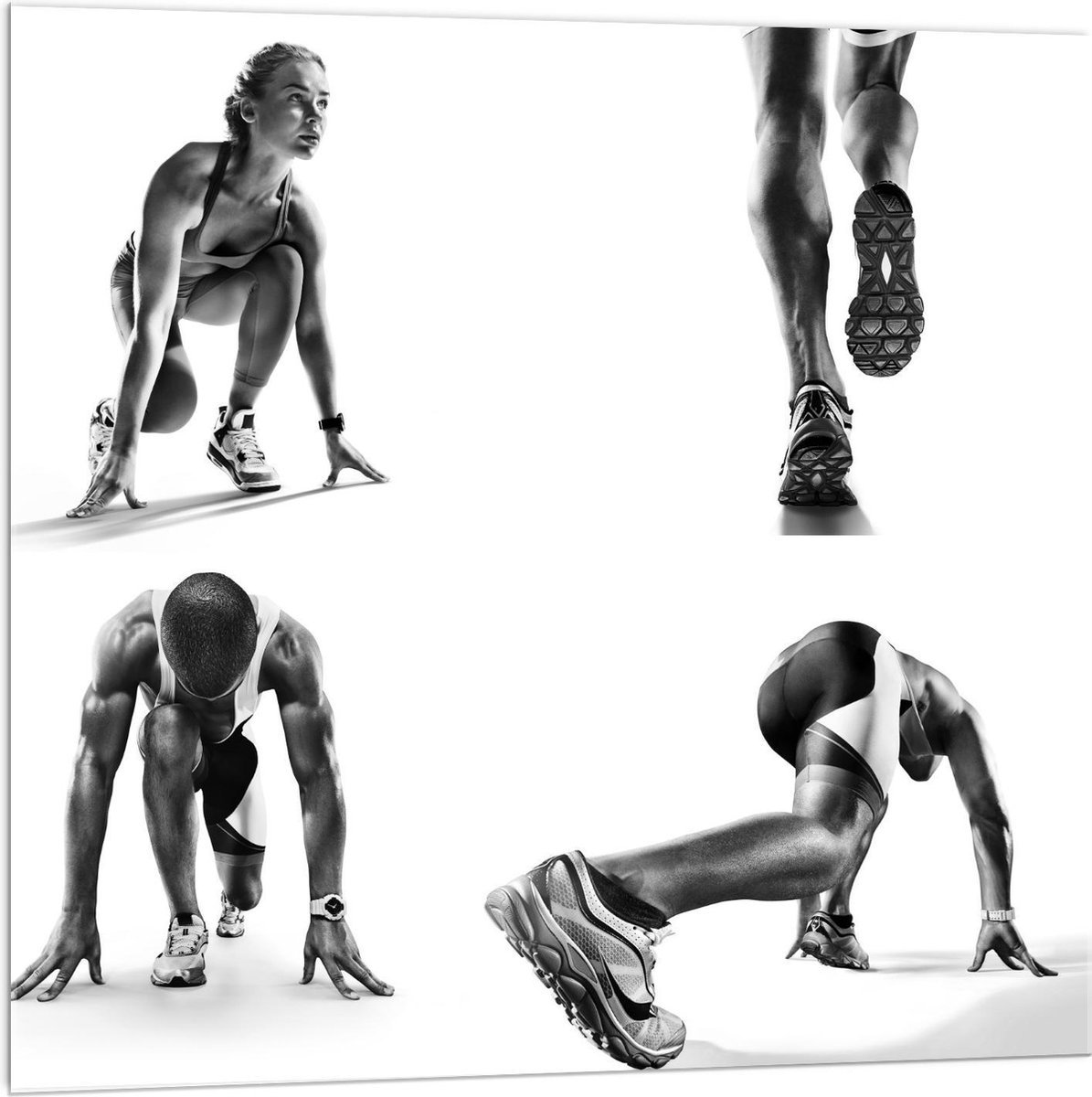 Acrylglas - Hardloopposities (zwart/wit) - 100x100cm Foto op Acrylglas (Wanddecoratie op Acrylglas)