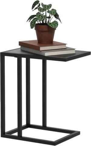 C-vormige bijzettafel met metalen frame en marmer-look blad Zwarte Houtlook