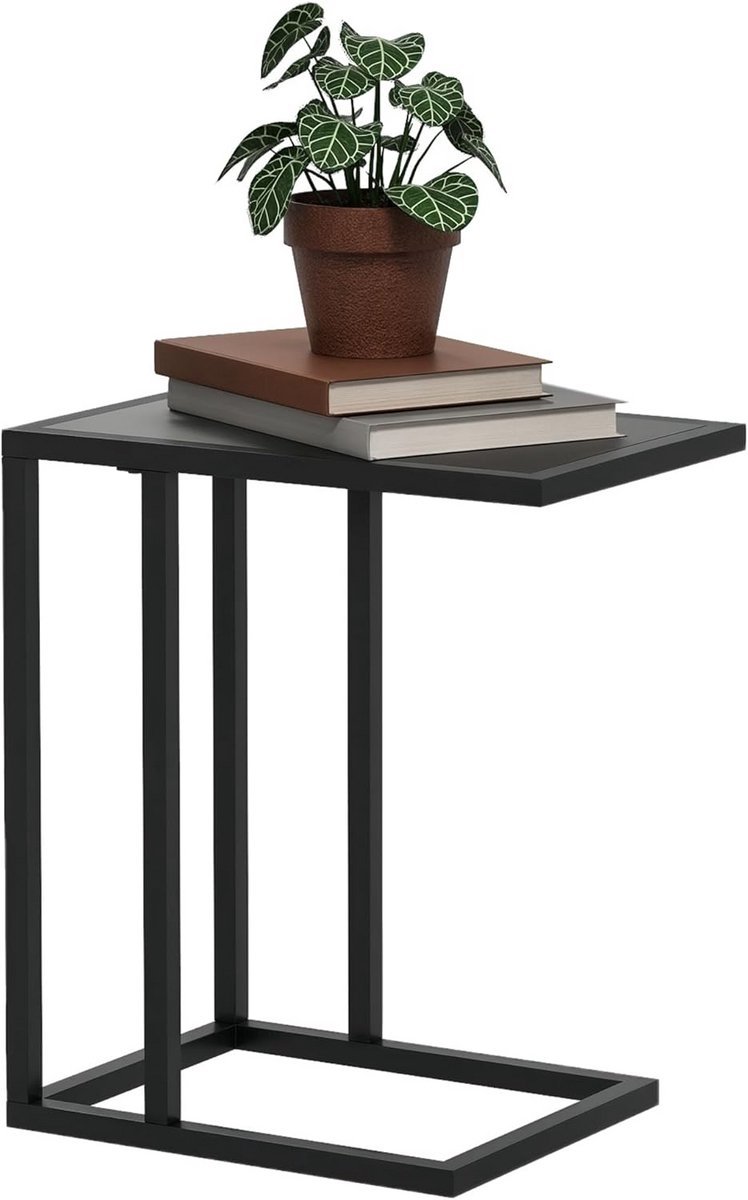 C-vormige bijzettafel met metalen frame en marmer-look blad Zwarte Houtlook
