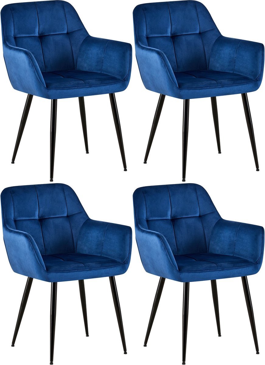 CLP Emia Set van 4 eetkamerstoelen - Met armleuning - Velvet - Fluweel - blauw Fluweel