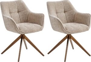 Colenis® - Boston Eetkamerstoelen - Set van 2 - Taupe - Chenille Stof - 180° Draaistoelen - Geborsteld Goud Poten - Gestoffeerde zitting
