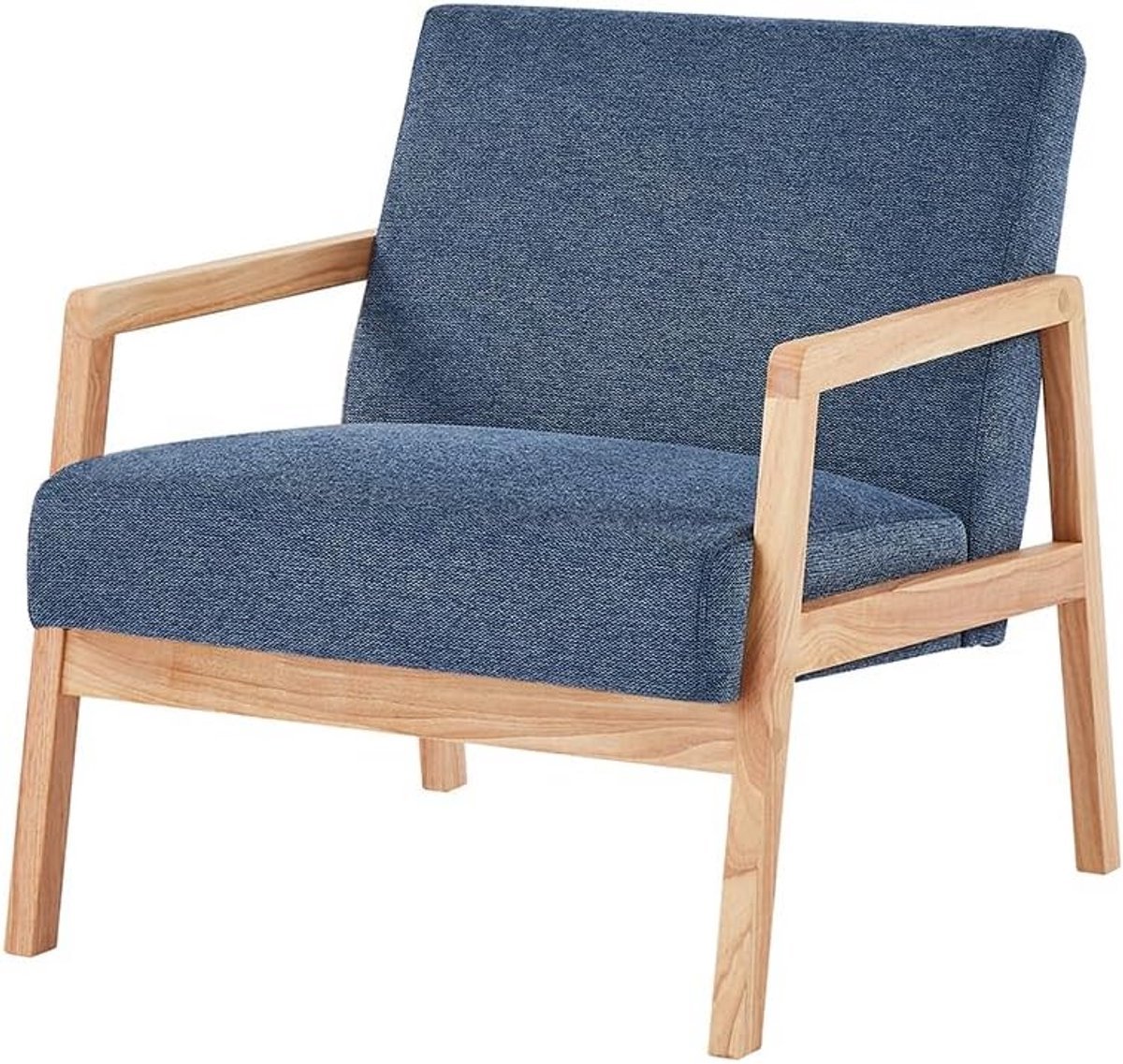 Comfortabele fauteuil in blauwe stof met houten poten