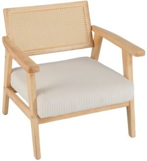Corduroy Accent Chair - Fauteuil - Lounge Chair - Armstoel - Binnenstoel - Padded Rubber Wood Frame - PE Rattan Rugleuning - Naturel Wit