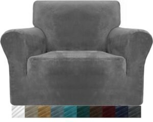 Dikke fluwelen stoelhoezen voor fauteuils - Superstretch antislip, elastische bankbeschermer met armen - Geschikt voor honden en katten (1-zits, grijs)