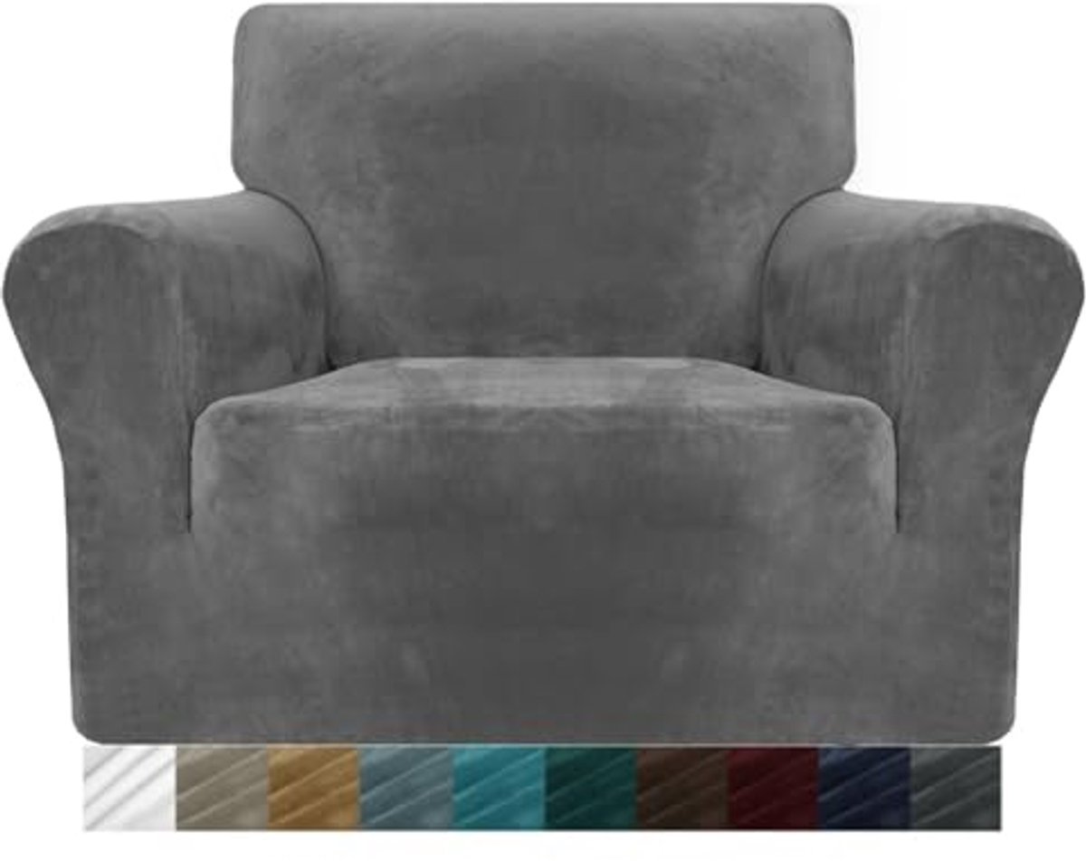 Dikke fluwelen stoelhoezen voor fauteuils - Superstretch antislip, elastische bankbeschermer met armen - Geschikt voor honden en katten (1-zits, grijs)