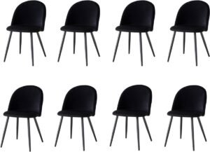 Eetkamerstoelen Set - Keukenstoelen Woonkamer - Comfortabel Zitten - Gewatteerd Fluweel - 8 Stuks - Zwart