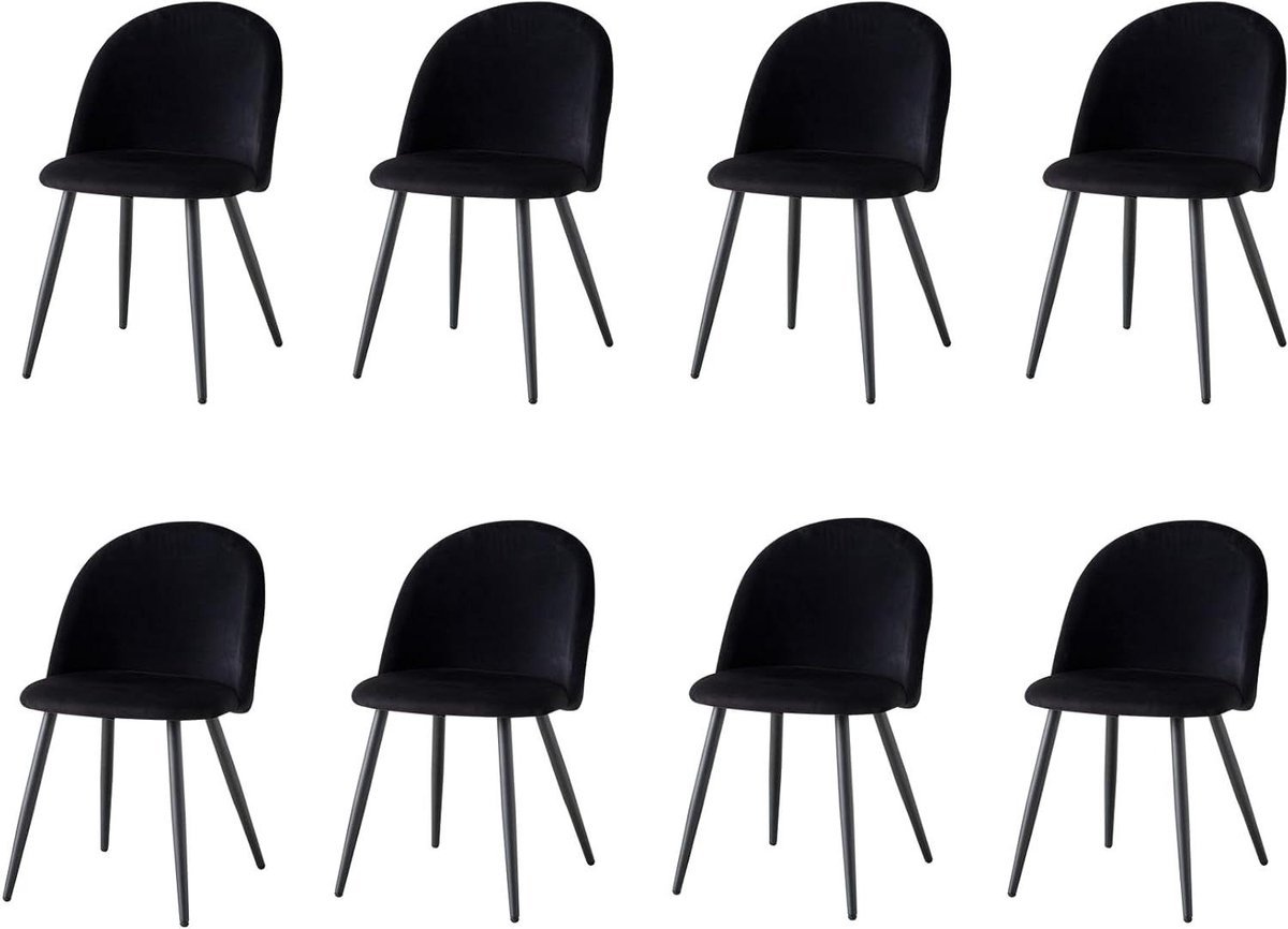 Eetkamerstoelen Set - Keukenstoelen Woonkamer - Comfortabel Zitten - Gewatteerd Fluweel - 8 Stuks - Zwart
