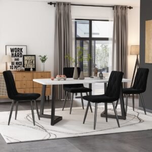 Eettafel Set - 117×68 cm - Rechthoekige Esstisch + 4 Stoelen - Modern Design - Twill Samt Stoelen - Zwart