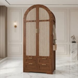 Elara Vintage Kledingkast met Rattan Deuren en Lades - 80x50x179 cm - Walnootkleur - House&Garden