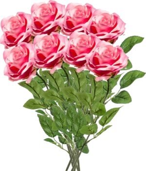 Emerald Kunstbloemen boeket roos Marleen - 8x - roze - 63 cm - decoratie bloemen