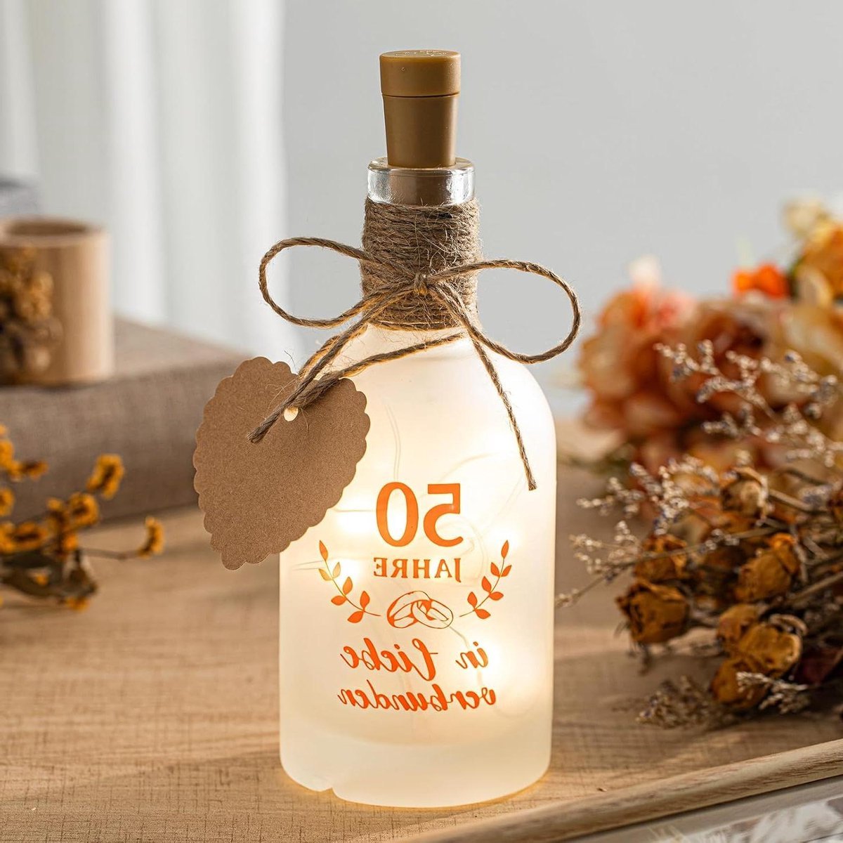 Fleslicht Gouden Bruiloft - Decoratieve Fles - 50 Jaar Getrouwd - Met Tekst - 2 Meter LED - Warm Wit