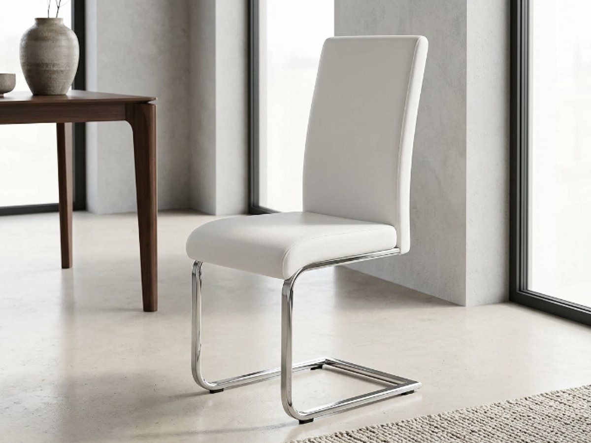 FlexiSwing Luxe Cantilever Eetkamerstoelen Set van 4 - Ganeey Schommelstoelen met Kunstleren Bekleding & Verchroomd Stalen Frame - Ergonomische Dining Chairs 135 kg - Modern Wit Design