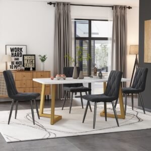 FloraGrace Eetkamerset 117x68 cm - Rechthoekige Eettafel Met 4 Fluwelen Stoelen - Modern - MDF En Metaal - Grijs