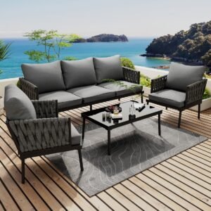 FloraGrace Loungeset Tuin - 4-Delige Set Met 3-Zitsbank, 2 Fauteuils En Glazen Tafel - Verzinkt Staal En Polyester - Grijs