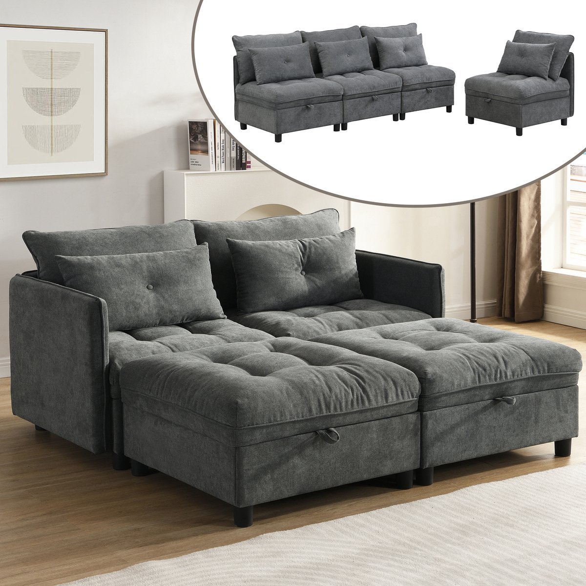 FloraGrace Modulaire Hoekbank 4 Zits Met Slaapfunctie En Opbergruimte - Flexibel Te Combineren - Chenille - Antique Gray