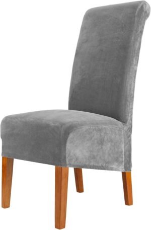 Fluwelen eetkamerstoelhoezen, grote stretch stoelhoezen, spandex hoge rug stoelhoezen met elastische band, wasbaar, afneembaar, XL stoelbeschermer,grijs