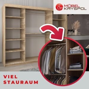 Garderobekast met Spiegel 250x200x62 cm - Moderne Drie-Deurs Kledingkast met Planken en Kledingstang - Multifunctionele Slaapkamerkast voor Hal en Woonkamer - Sonoma + Zwart - Abkantoor