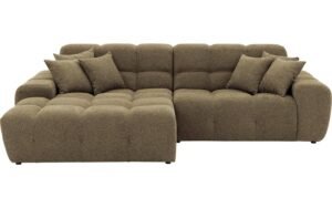 Goossens Excellent Bank Kubus - 40 X 40 Cm Stiksel groen, stof, 1,5-zits, modern design met chaise longue links