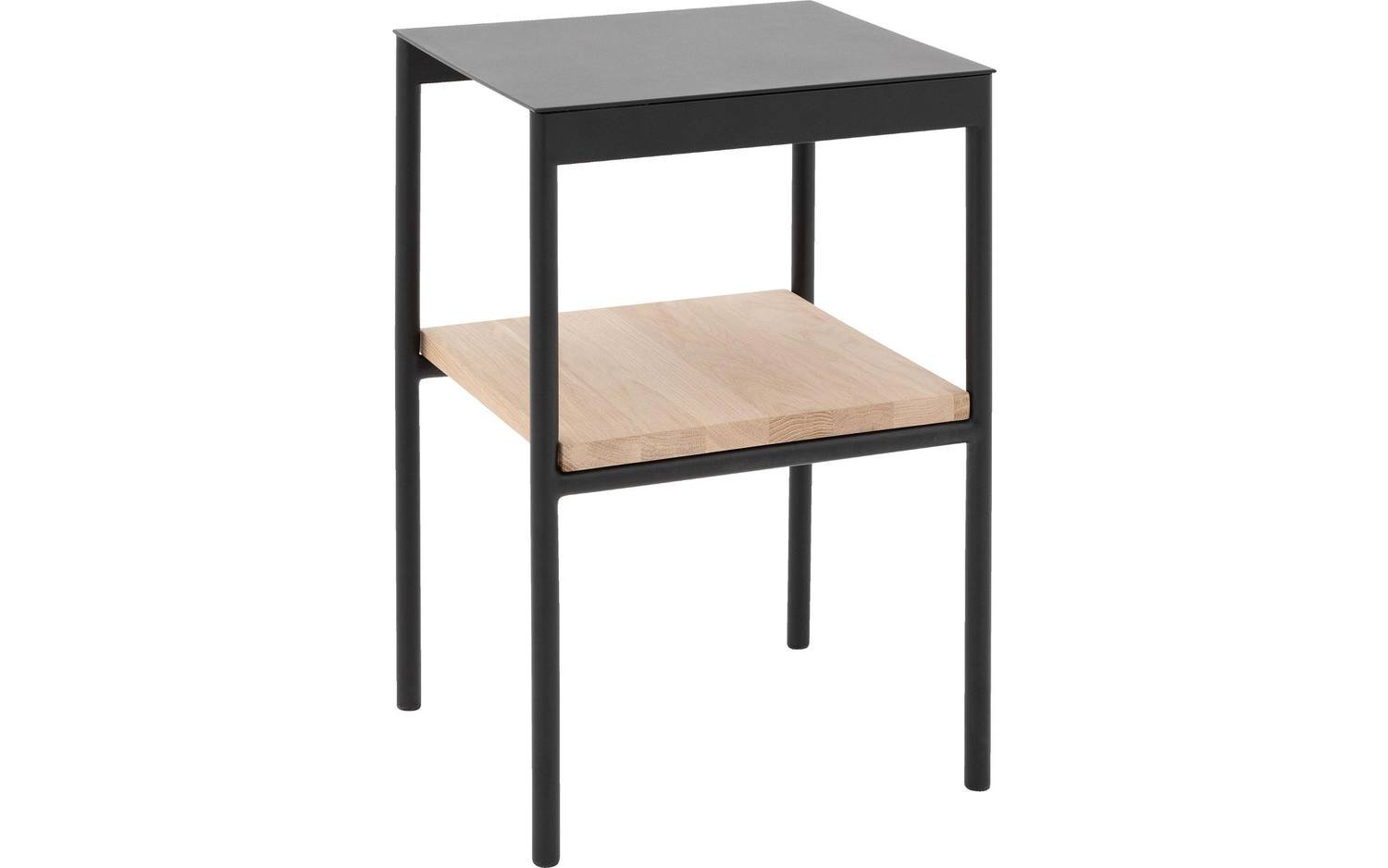 Goossens Nachtkastje Duc, Metaal ral 9005 zwart, tussenblad massief eik, 36,5 x 33,5 x 56 cm hoog