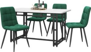 Gotagee Eettafel met 4 stoelen set Keuken eettafel set Donkergroen Fluweel Eetkamerstoel Zwart ijzeren poten tafel