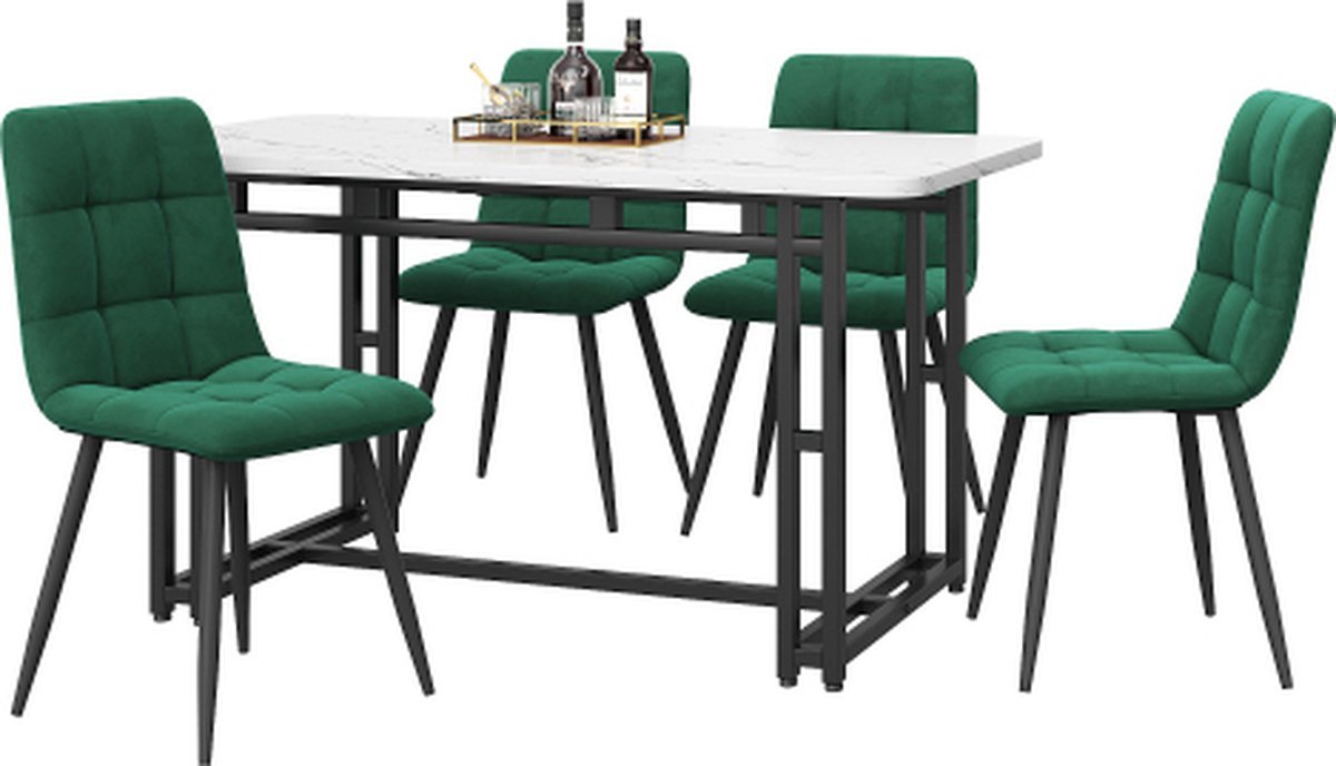 Gotagee Eettafel met 4 stoelen set Keuken eettafel set Donkergroen Fluweel Eetkamerstoel Zwart ijzeren poten tafel