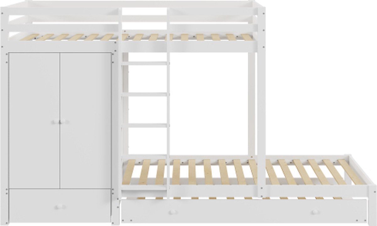 Gotagee Etagenbed uit Hout met Uittrekbed, Multifunctioneel Kinderbed met Kledingkast, Laden en Opbergvak