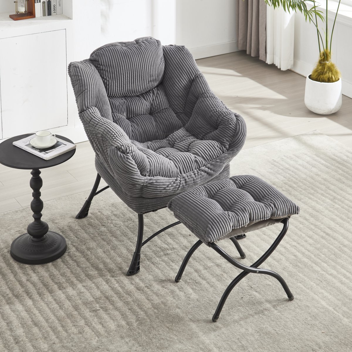 HAUSS SPOLE Fauteuil Met Hocker - Loungestoel Met Armleuningen En Zijvak - Ergonomische Rugsteun - Voor Woonkamer Slaapkamer En Relaxhoek - Staal Grijs