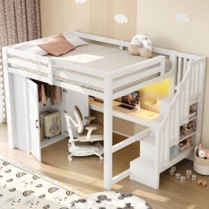 HAUSS SPOLE Hoogslaper 140x200cm - Met Bureau En Plank En Kledingkast - Met Opbergtrap Met USB En Ledverlichting - Zonder matras - MDF En Grenenhout - Wit