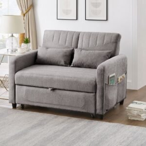HAUSS SPOLE Slaapbank 166 X 95 Cm - Uittrekbaar Naar Tweepersoonsbed - 3 Standen Verstelbare Rugleuning - Katoen Linnen - Grijs