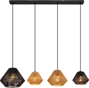 Hanglamp hanglamp eettafel lamp 4 vlammen natuurlijke touwen zwart beige woonkamer lamp, 4x E27, LxH 103 x 120 cm