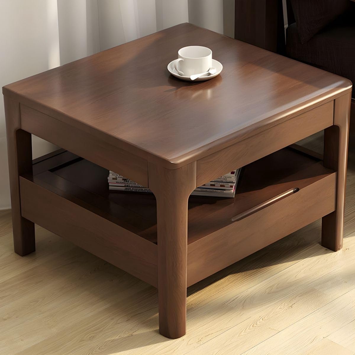 Houten Salontafel - Cocktailtafel Ladekast - Woonkamer Opbergen - Massief Houten Poten - Rechthoekig Model - Walnoot