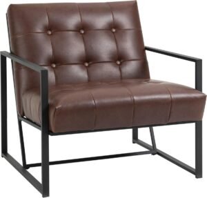 Industriële Fauteuil met Gewatteerde Zitting en Metalen Frame in Bruin