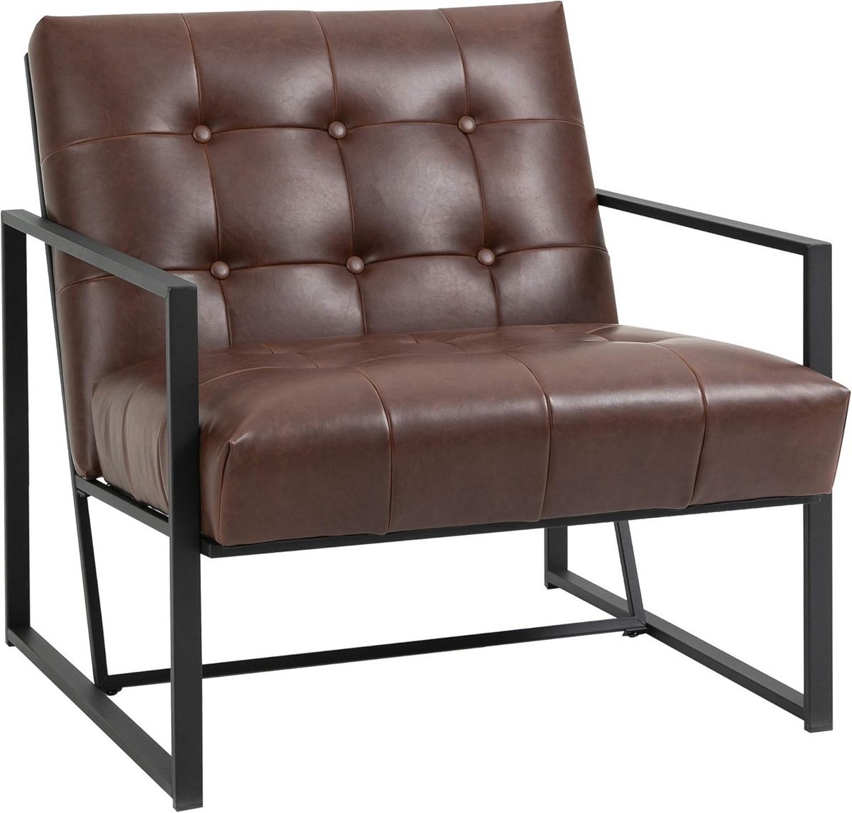 Industriële Fauteuil met Gewatteerde Zitting en Metalen Frame in Bruin