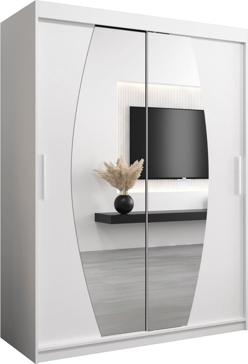 InspireMe - Kledingkast met 2 schuifdeuren, Modern-stijl, Een kledingkast met planken en een spiegel (BxHxD): 150x200x62 - GLOBE 150 Wit Mat met 2 lades