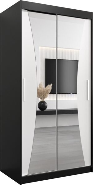 InspireMe - Kledingkast met 2 schuifdeuren, Modern-stijl, Kledingkast met planken (BxHxD): 100x200x62 - MEGRA 100 Zwart Mat + Wit Mat met 2 lades