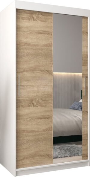 InspireMe - Kledingkast met 2 schuifdeuren, Modern-stijl, Kledingkast met planken (BxHxD): 100x200x62 - TORM II 100 Wit Mat + Sonoma Eik met 2 lades