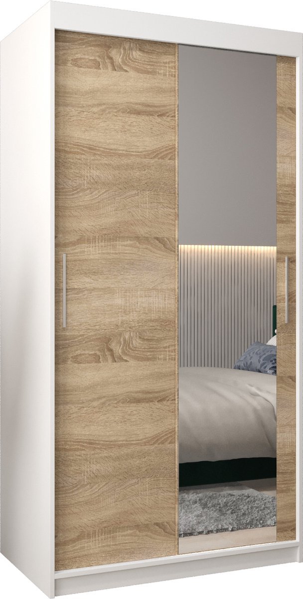 InspireMe - Kledingkast met 2 schuifdeuren, Modern-stijl, Kledingkast met planken (BxHxD): 100x200x62 - TORM II 100 Wit Mat + Sonoma Eik met 2 lades