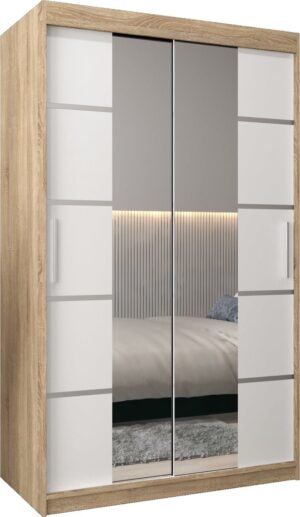 InspireMe - Kledingkast met 2 schuifdeuren, Modern-stijl, Kledingkast met planken (BxHxD): 120x200x62 - VENTILA IV 120 Sonoma Eik + Wit Mat met 2 lades