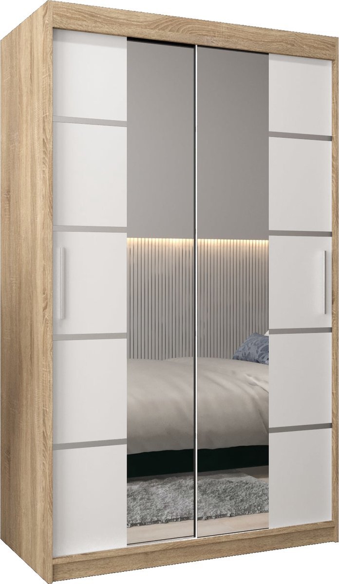InspireMe - Kledingkast met 2 schuifdeuren, Modern-stijl, Kledingkast met planken (BxHxD): 120x200x62 - VENTILA IV 120 Sonoma Eik + Wit Mat met 2 lades
