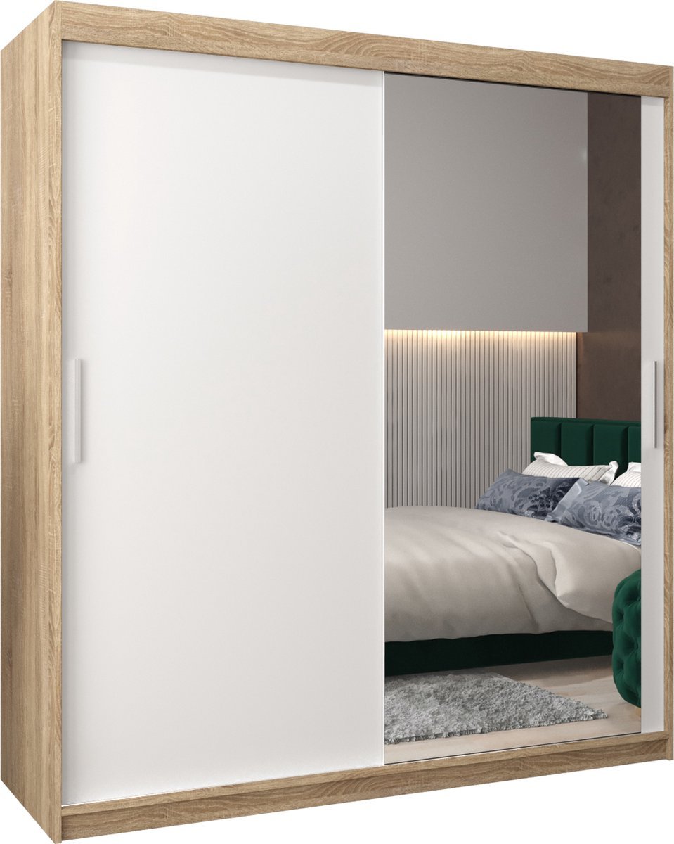 InspireMe - Kledingkast met 2 schuifdeuren, Modern-stijl, Kledingkast met planken (BxHxD): 180x200x62 - TORM II 180 Sonoma Eik + Wit Mat met 4 lades