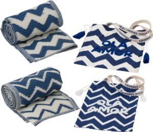 J-Line strandlaken Ola Amor - katoen - wit/donkerblauw - set van 2