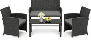 KOMFOTTEU 4-delige tuinset, buitenmeubelen van rotan voor balkon met salontafel van gehard glas, 2-zitsbank, 2 fauteuils, kussens, balkonbank voor terras, balkon, tuin