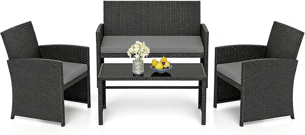 KOMFOTTEU 4-delige tuinset, buitenmeubelen van rotan voor balkon met salontafel van gehard glas, 2-zitsbank, 2 fauteuils, kussens, balkonbank voor terras, balkon, tuin