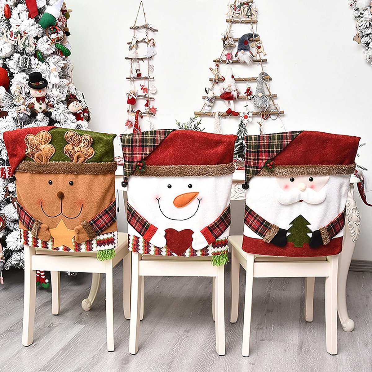 Kerst Stoelhoezen Set Van 3 - Feestelijke Stoelhoezen - Anti-Slip Design - Kerstman Sneeuwpop Eland Motief - Voor Feestjes En Kerstversiering - Geschikt Voor Standaard Stoelen