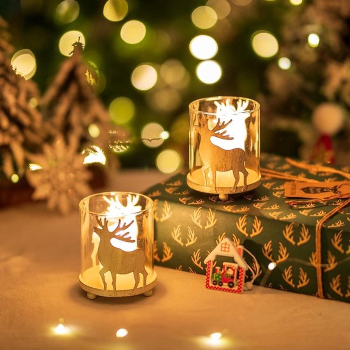 Kerstdecoratie Kaarsenhouder - Set van 2 Tafelstuk Ornamenten - Vintage Hert Rendier Decor - xmas Thuis Open Haard Eetkamer Geschenken - Slaapkamer Advent Keuken