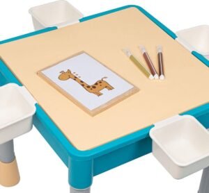 Kindertafel met 1 Stoeltje - Speeltafel met bouwplaat en vlakke kant - 4 Bakjes - Geschikt voor Duplo® Bouwstenen