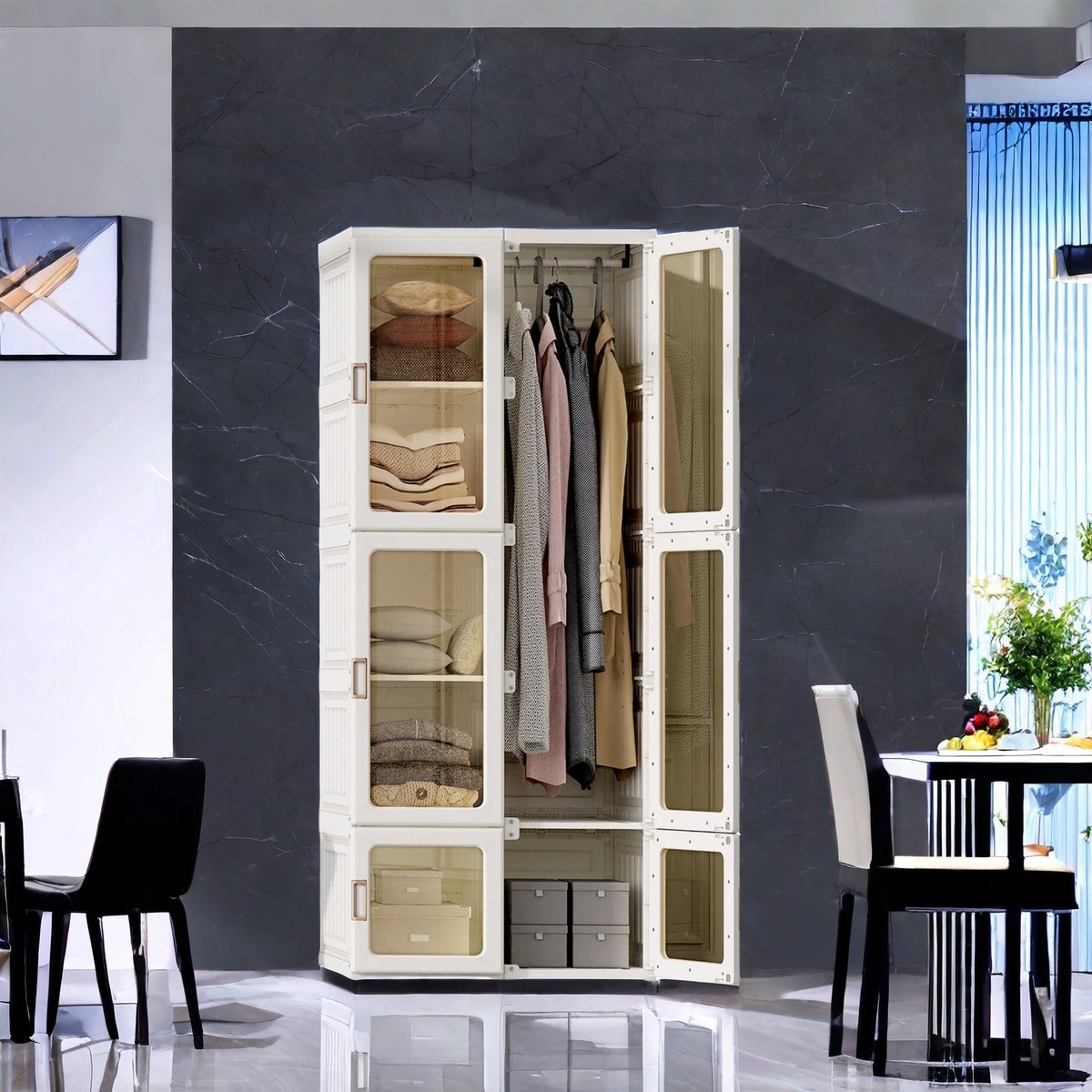 Kledingkast - Draagbare Kledingkast - Opbergkast - Garderobekast - Kledingopberger - 6 Vakken Met Kledingroede - Transparante Deuren - Inklapbaar En Lichtgewicht