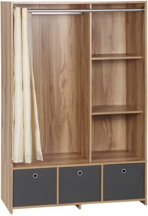 Kledingkast - Garderobekast - Opbergkast - Kleerkast - Dressoir - Naturel Houtlook - 3 Afneembare Stoffen Lades - 117,5 cm Ruime Kledingstang