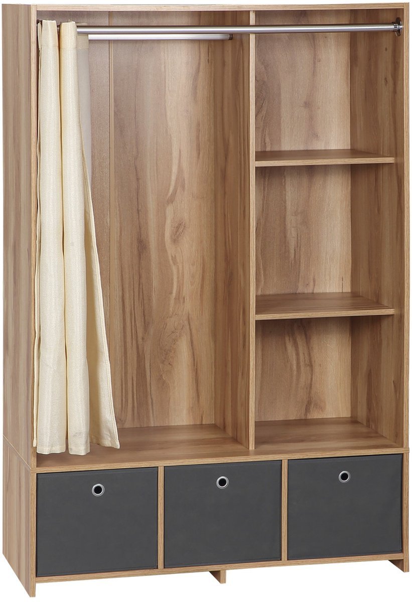 Kledingkast - Garderobekast - Opbergkast - Kleerkast - Dressoir - Naturel Houtlook - 3 Afneembare Stoffen Lades - 117,5 cm Ruime Kledingstang